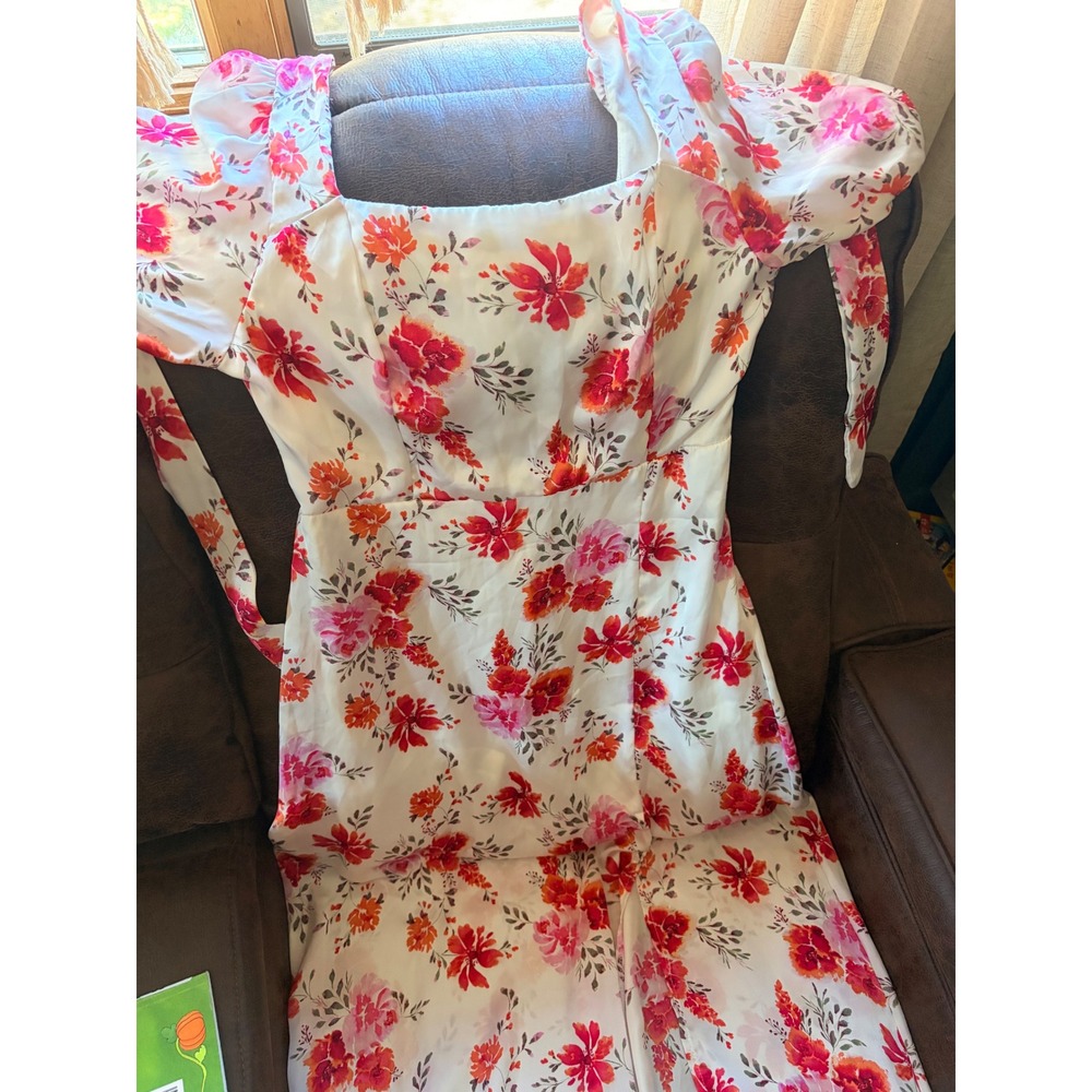 Altar'd State Floral Satin Maxi Dress Red Pink Orange Puff Sleeve Slit Large